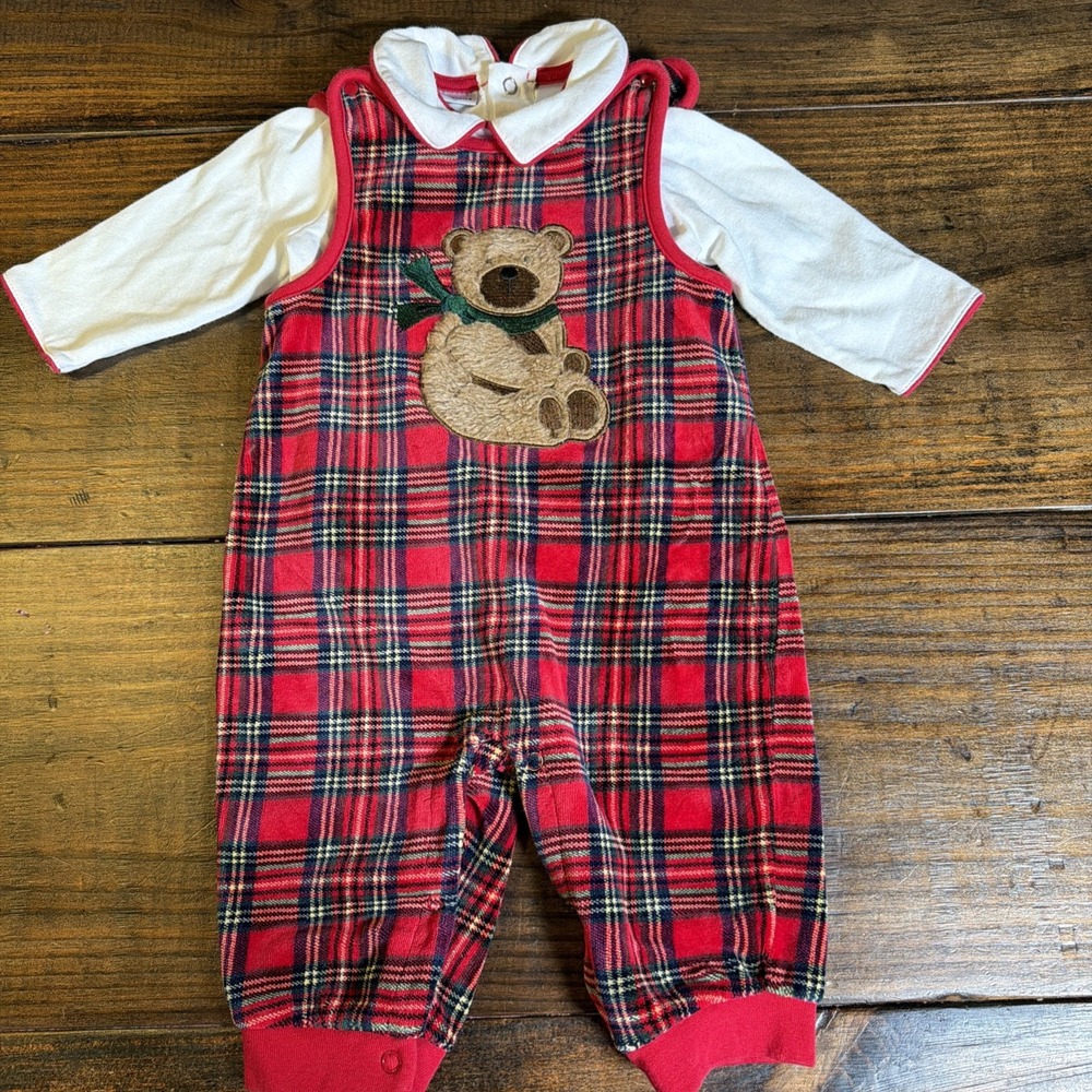 First Impressions Baby Christmas Plaid Teddy Bear Romper Outfit 3-6 Months